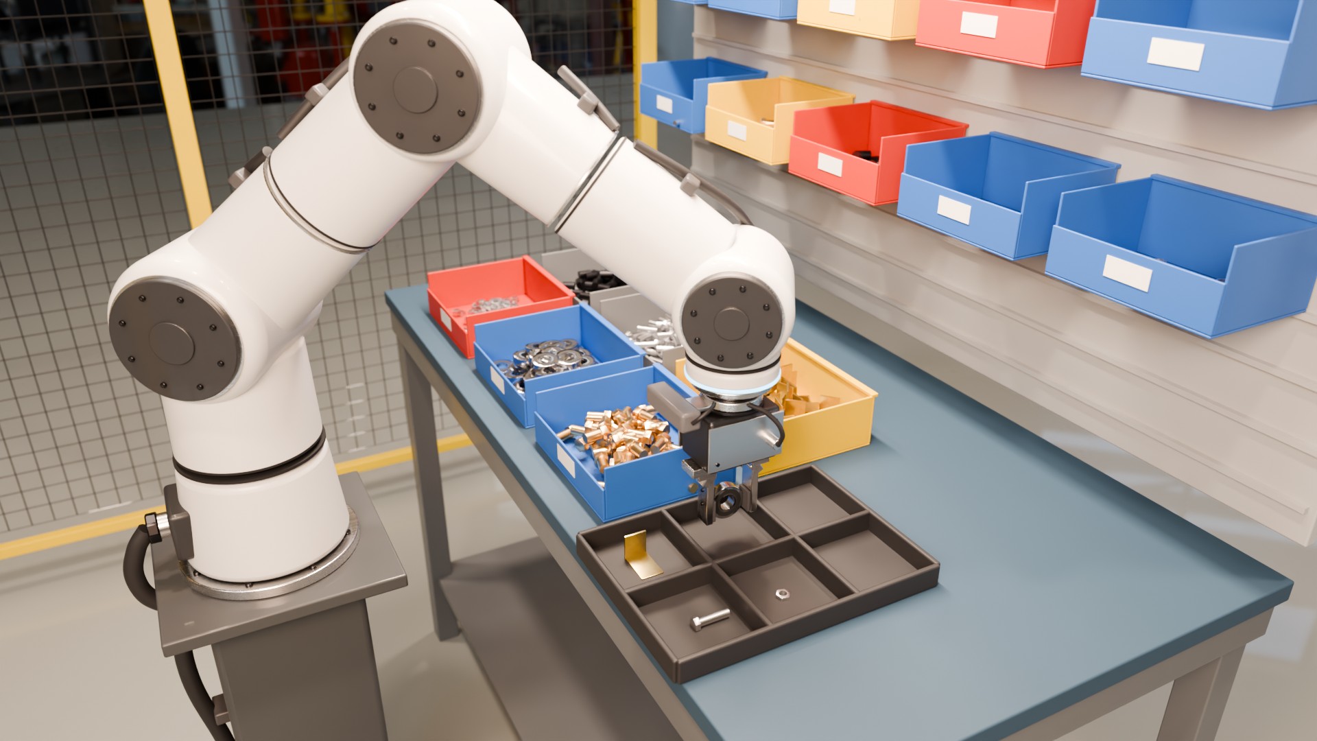The arm placing a bearing into a kit tray beside six bins of mixed hardware