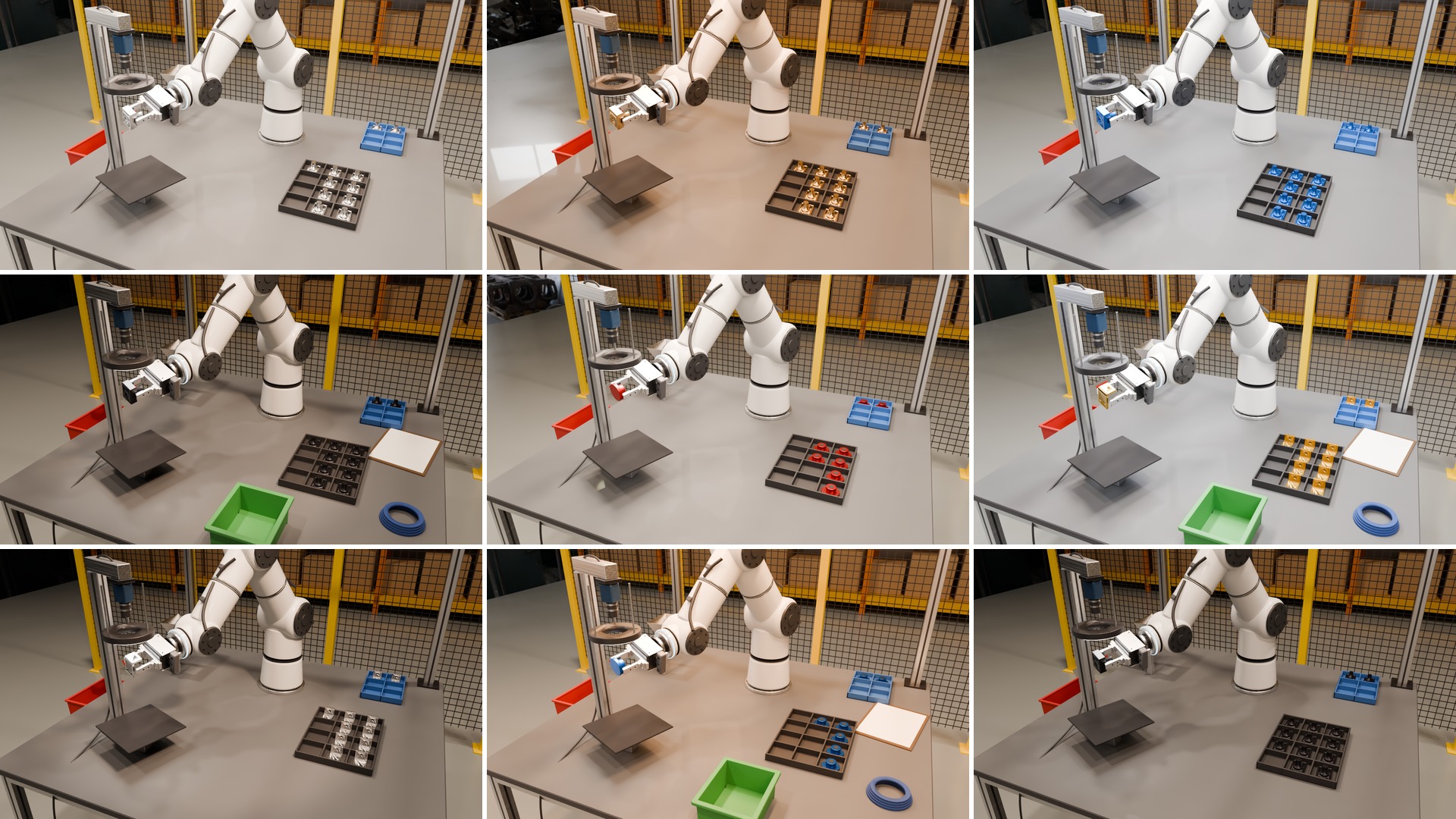 Nine renders of the inspection cell in a three by three grid, with changed lighting, part colours and shapes, moved trays and clutter